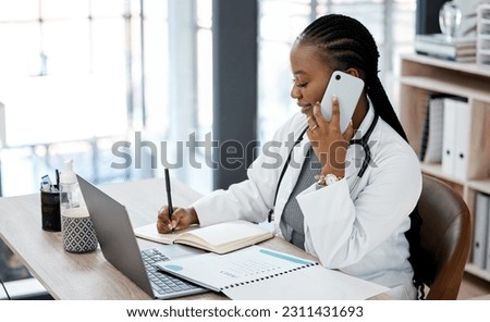 Phone call, doctor and black woman writing in notebook for planning, medical schedule and agenda. Healthcare, hospital office and female worker on smartphone for consulting, medicare service and help
