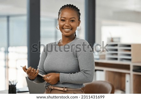 Tablet, happy and portrait of business black woman online for research, internet or website in office. Corporate, professional and female worker on digital tech for social media, project and planning Royalty-Free Stock Photo #2311431699