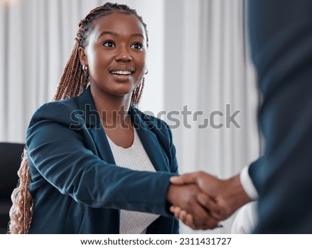 Business woman, handshake and agreement for partnership in office for collaboration, promotion or welcome. Black female entrepreneur and employee shaking hands for interview, greeting or b2b deal Royalty-Free Stock Photo #2311431727