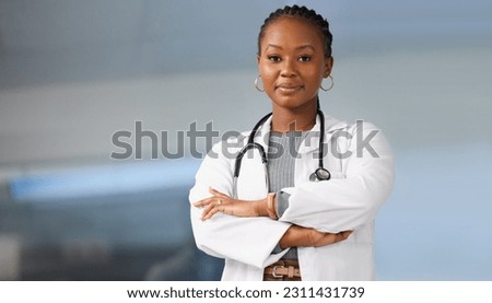 Healthcare pride, portrait and a black woman with arms crossed for clinic work and medicine career. Smile, working and a professional African doctor in a medical job at a hospital with confidence