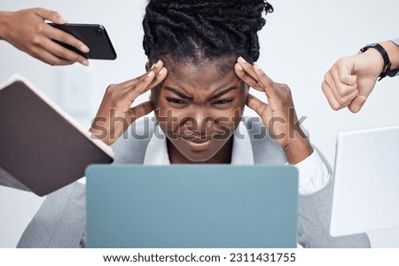 Black woman, work and overwhelmed by business stress, phone call or time management in professional company. Person, anxiety and frustrated employee, working manager or boss multitasking and burnout Royalty-Free Stock Photo #2311431755
