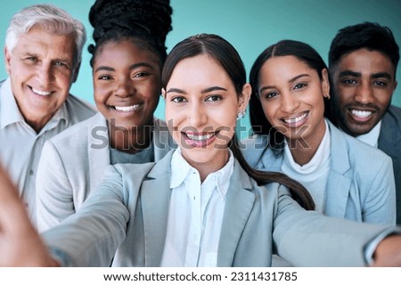 Business people, portrait smile and selfie for profile picture, vlog or online post at office. Group of happy corporate workers smiling in photo, memory or team building and social media at workplace