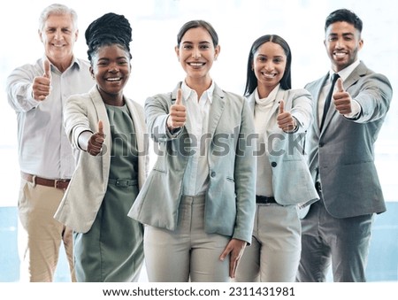 Business people, portrait and thumbs up for winning, success or goals in teamwork at the office. Woman employee and happy group with thumb emoji, yes sign or like for team approval at the workplace