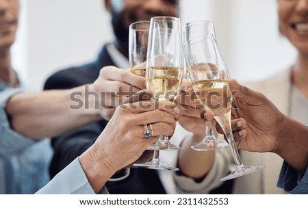 Champagne, toast and business people for celebration, success and social event, company party and happy career. Wine glasses, alcohol and professional woman, men or team hands cheers for work goals