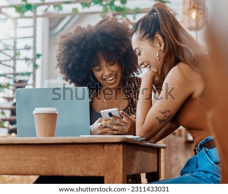 Phone, cafe and happy women or friends with social media, restaurant and online meme for e learning or university remote work. African people or students at coffee shop on mobile app, web and college