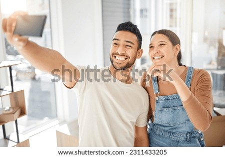 Selfie, new home and happy couple, keys and mortgage success, live stream apartment or real estate. Property investment, moving house and excited women with partner, photography and profile picture
