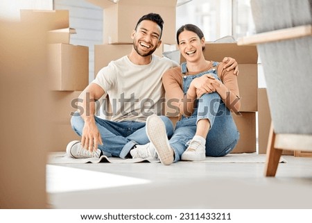 Relax, moving and box with portrait of couple in living room of new home for investment, property or support. Real estate, packing and goal with man and woman in apartment for rent, homeowner or love Royalty-Free Stock Photo #2311433211