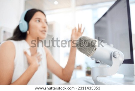 Blur, microphone or woman live streaming a podcast media or online radio on news broadcast network. Influencer host, blurry presenter or girl journalist reporter talking, recording or speaking alone