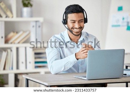 Laptop, customer service and remote work with a man consultant in his home office for support or help. Computer, call center and contact us with a male employee consulting for crm or telemarketing Royalty-Free Stock Photo #2311433757