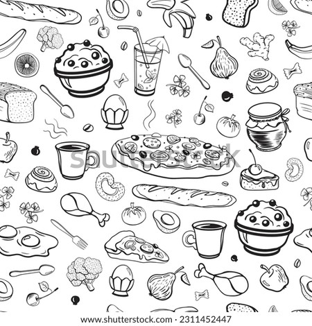 Seamless pattern in line art style of various goodies for breakfast or lunch. Perfect for backdrops and packaging.
