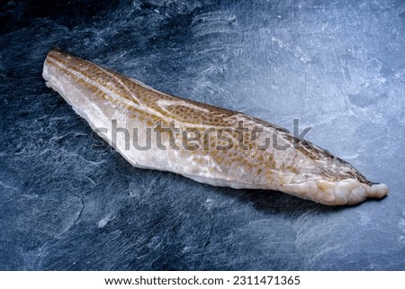 Raw Norwegian skrei cod fish filet with skin offered as close-up on black board with copy space 