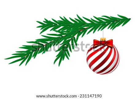 Christmas ball with white stripes and pine tree isolated on white background.  Illustration.