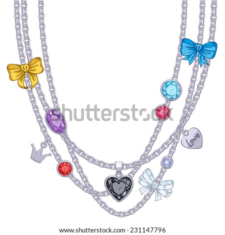 Hand drawn colorful necklace with silver chains, gemstones and bows. Sketch style.
