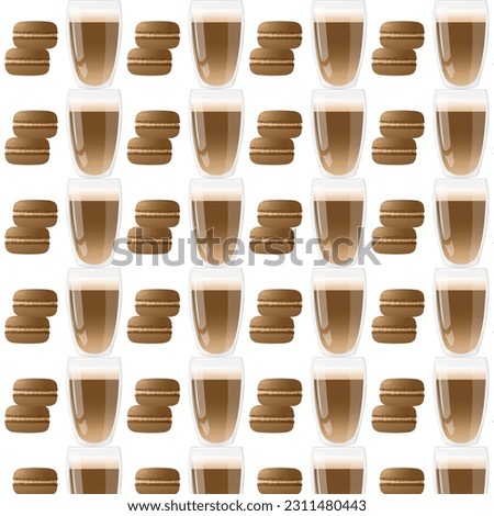 Seamless pattern brown or chocolate macarons with a glass of cappuccino.Highly detailed dessert, macaroon, sweets, menu design, restaurants shop. Gradient macarons. Vector illustration.