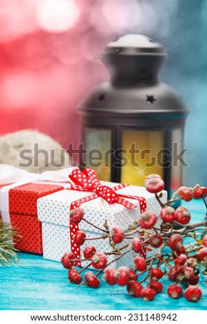 Christmas gift boxes with a lantern