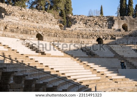 Merida, Spain; February 28th 2023: View of the Roman Theatre of Mérida (Extremadura). Archaeological site of Mérida. Remains of the old city of Augusta Emerita.  Royalty-Free Stock Photo #2311491323