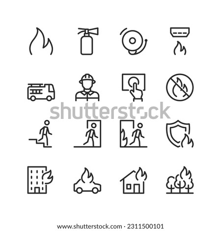Fire, linear style icons set. Extinguishing a fire, safety. Burning. Danger to life, health and property. Fire prevention and suppression. Firefighter. Editable stroke width