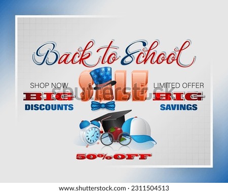 Background design with handwriting and three dimensional texts, cap, alarm clock and apple for sales of Back to school and commercial events