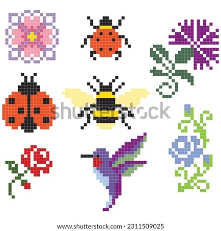 set of mini cross stitch designs, flowers insects birds
