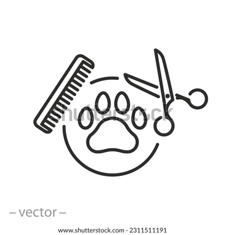 animal grooming salon icon, pet grooming, dog or cat paw, scissors with comb for groomer, thin line symbol - editable stroke vector illustration Royalty-Free Stock Photo #2311511191