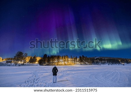Young girl watching purple, blue and green Northern lights (aurora borealis) 
above Ounasjärvi lake in Hetta, Lapland, Finland Royalty-Free Stock Photo #2311515975