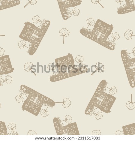 Whimsical house in gender neutral vector pattern. Rustic organic domestic street on seamless background.