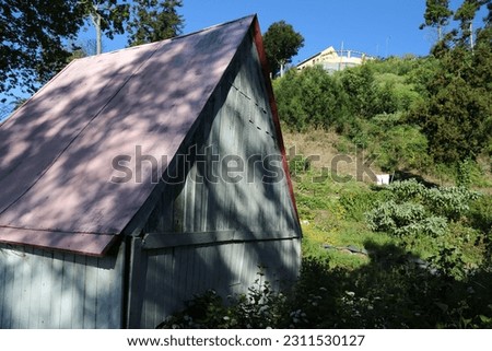 wooden old village house with a triangular roof in the forest. High quality photo