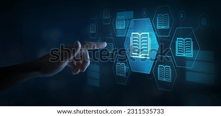 e-library, many e-book icons, electronic books online, knowledge base on internet, digital library or e-library Royalty-Free Stock Photo #2311535733