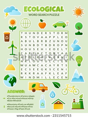 Vector ecological word search puzzle for kids. 
