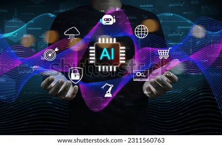 A big change in technology when  artificial intelligence or AI has made an impact in every industry. Men with wavy graphic business icon, such as finding sale data information banking or industrials.