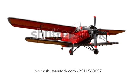 Red plane used for agricultural or sanitation purpose against clear white background Royalty-Free Stock Photo #2311563037