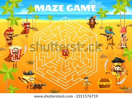 Labyrinth maze. Cartoon pirates fastfood characters on treasure island. Kids playing activity, labyrinth puzzle game or vector quiz with hotdog, popcorn and burrito, pizza, donut corsair personages