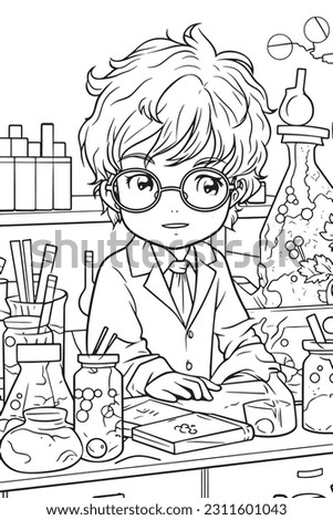 Scientist, Black and white coloring pages for kids, simple lines, cartoon style, happy, cute, funny, The drawings in the children's coloring book are depicted in a series of different professions.