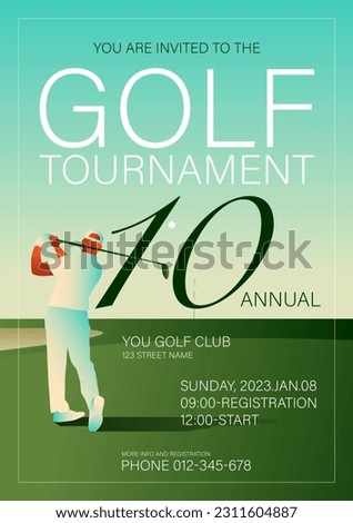 Golfclub competition poster. Template for golf competition or championship event. Blue sky and green golf field. Royalty-Free Stock Photo #2311604887