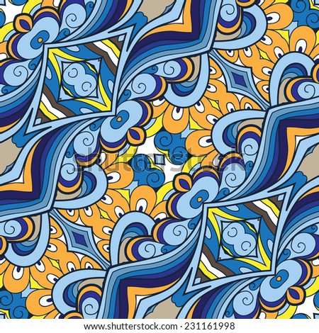 Colorful swirls, abstract blue and yellow repeating ornament, vector diagonal seamless pattern