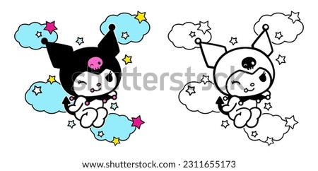 Vector illustration Cute cartoon doodle kawaii kitty flying in the clouds for Coloring book children, drawing pages cover, screen printing shirts, printable clothing materials, Presentation and decks Royalty-Free Stock Photo #2311655173
