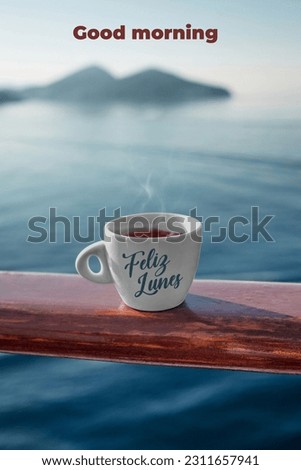 Good morning image with wooden stand cup of tea
