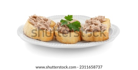 Tasty sandwiches with cod liver and parsley isolated on white