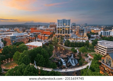 Greenville, South Carolina at Falls Park on Reedy Creek at dusk. Royalty-Free Stock Photo #2311659745