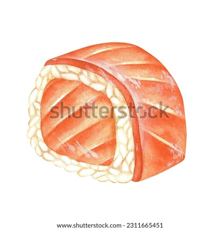 Philadelphia sushi roll with salmon fish. Watercolor illustration. Red fish with rice delicious japanese food. Clip art isolated on a white background. Nigiri with tuna fillet. To restaurant menu