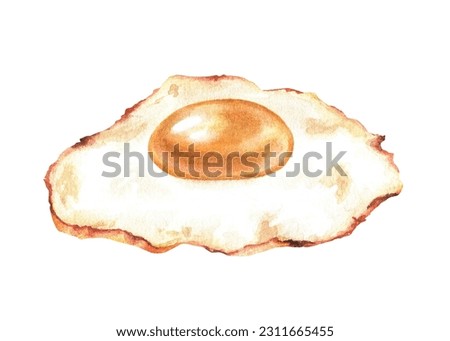 Fried eggs for breakfast. Watercolor illustration. Hand drawn healthy food. Clip art isolated on a white background. Delicious morning meal. To create recipe, menu, prints of dishes, kitchen utensils