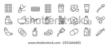 Pharmaceutical dosage thin line icons. For website marketing design, logo, app, template, ui, etc. Vector illustration. Royalty-Free Stock Photo #2311666601