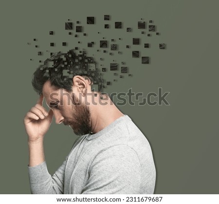 Thoughtful man with flying pixels from his head symbolizing amnesia on grey background