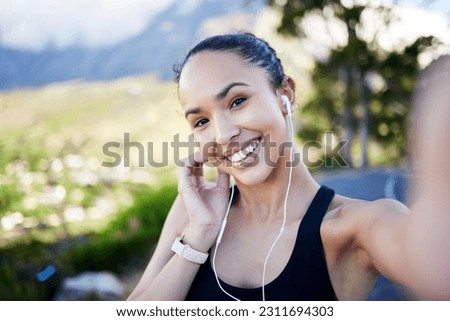 Happy woman, fitness and portrait smile for selfie, photo or profile picture in social media or online post in nature. Female person, athlete or runner smiling for photo, memory or vlog outdoors