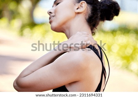 Woman with neck pain, injury and fitness with muscle tension, inflammation and health problem. Female athlete injured in workout outdoor, healthcare emergency and fibromyalgia with exercise burnout Royalty-Free Stock Photo #2311694331