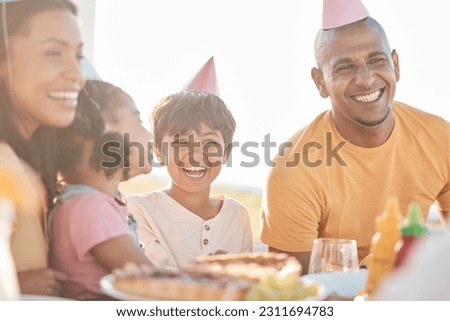 Birthday, park and happy parents with children in park for event, celebration and party outdoors together. Family, social gathering and mother, father with kids at picnic with cake, presents and food