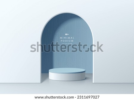 3D background realistic white and blue cylinder pedestal podium in blue arch gate. Pastel wall minimal scene. Mockup product display. Abstract geometric platforms. Stage showcase. Vector 3D rendering. Royalty-Free Stock Photo #2311697027