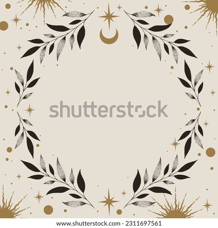 Vector mystic celestial frame with stars, crescents, leaves and a copy space. Banner with an elegant border and a place for text Royalty-Free Stock Photo #2311697561