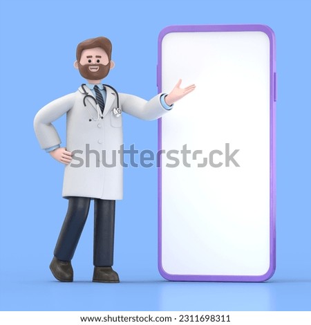 3D illustration of Male Doctor Iverson pushing on an empty phone mockup.Medical presentation clip art isolated on blue background
