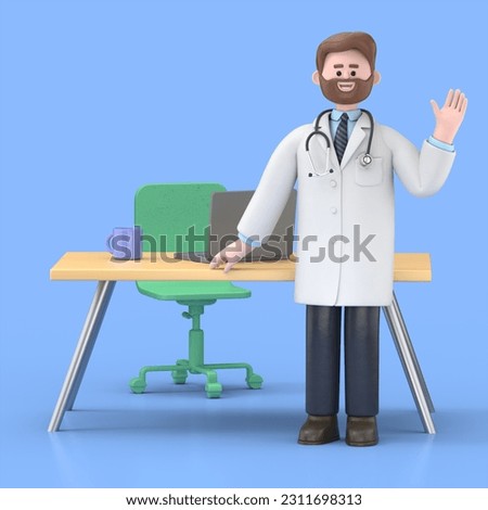 3D Illustration of Male Doctor Iverson working on computer in workplace.Medical presentation clip art isolated on blue background

